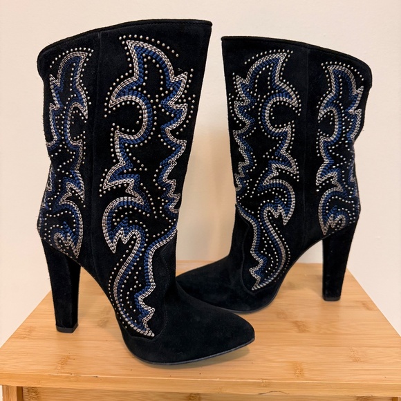 Zara Black Suede Rhinestone High Heel Boots - Picture 5 of 12